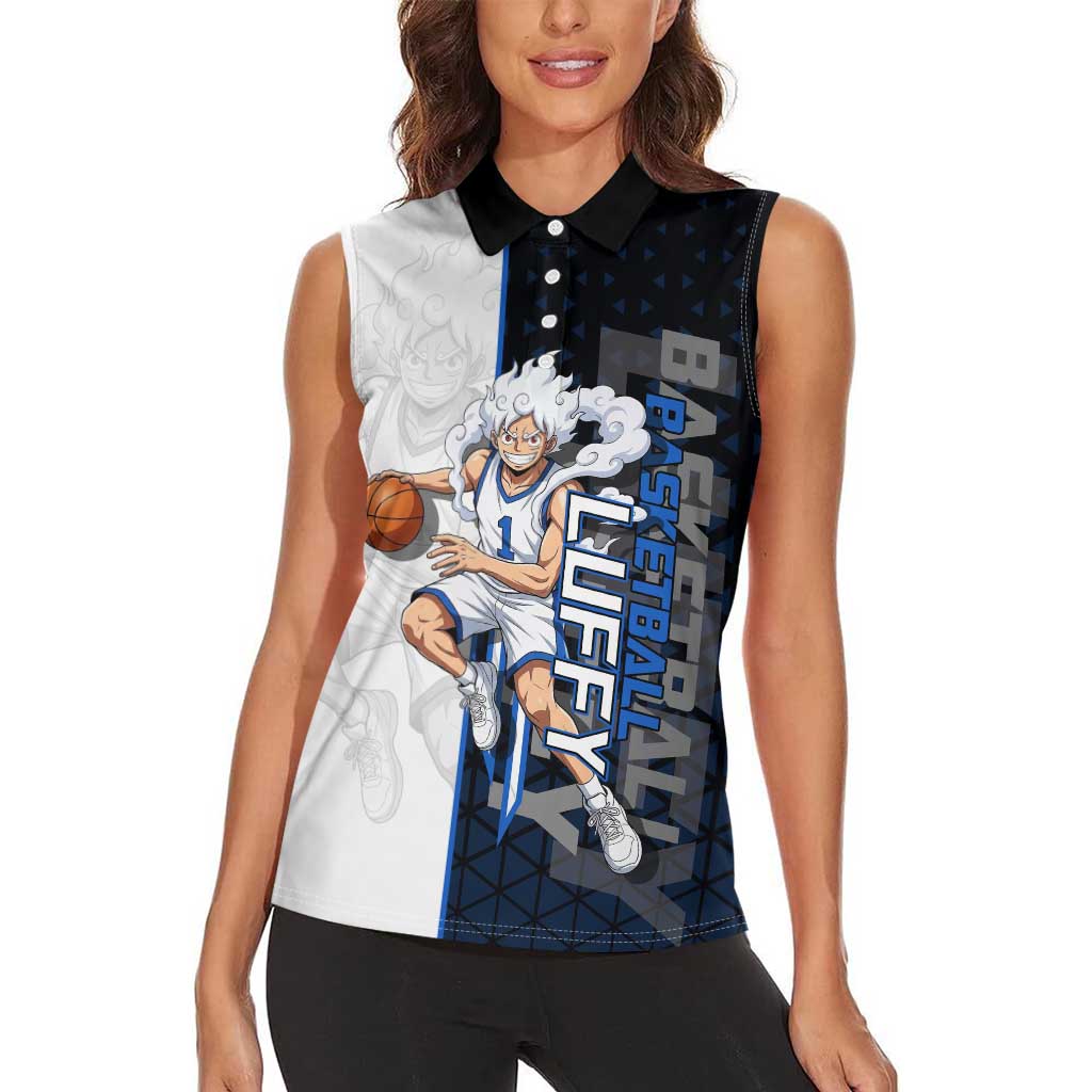 Luffy Gear 5 One Piece Basketball Theme White and Black Design Women Sleeveless Polo Shirt with Straw Hat Emblem and Dynamic Action Pose - The Mazicc