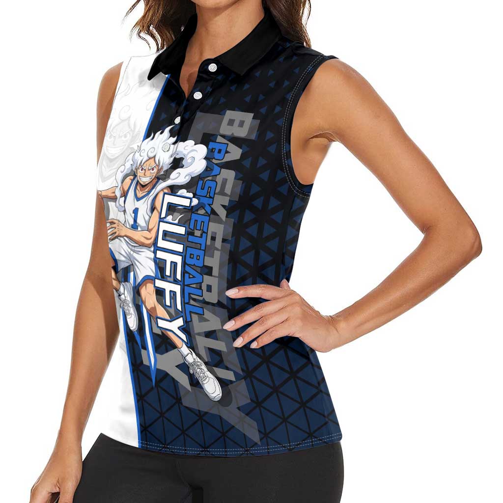 Luffy Gear 5 One Piece Basketball Theme White and Black Design Women Sleeveless Polo Shirt with Straw Hat Emblem and Dynamic Action Pose - The Mazicc