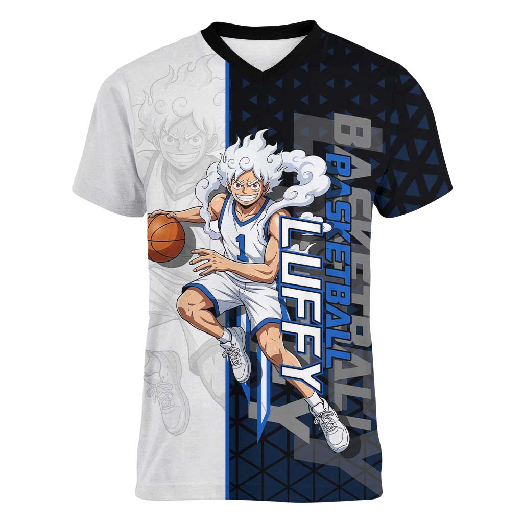 Luffy Gear 5 One Piece Basketball Theme White and Black Design Women V-Neck T-Shirt with Straw Hat Emblem and Dynamic Action Pose - The Mazicc