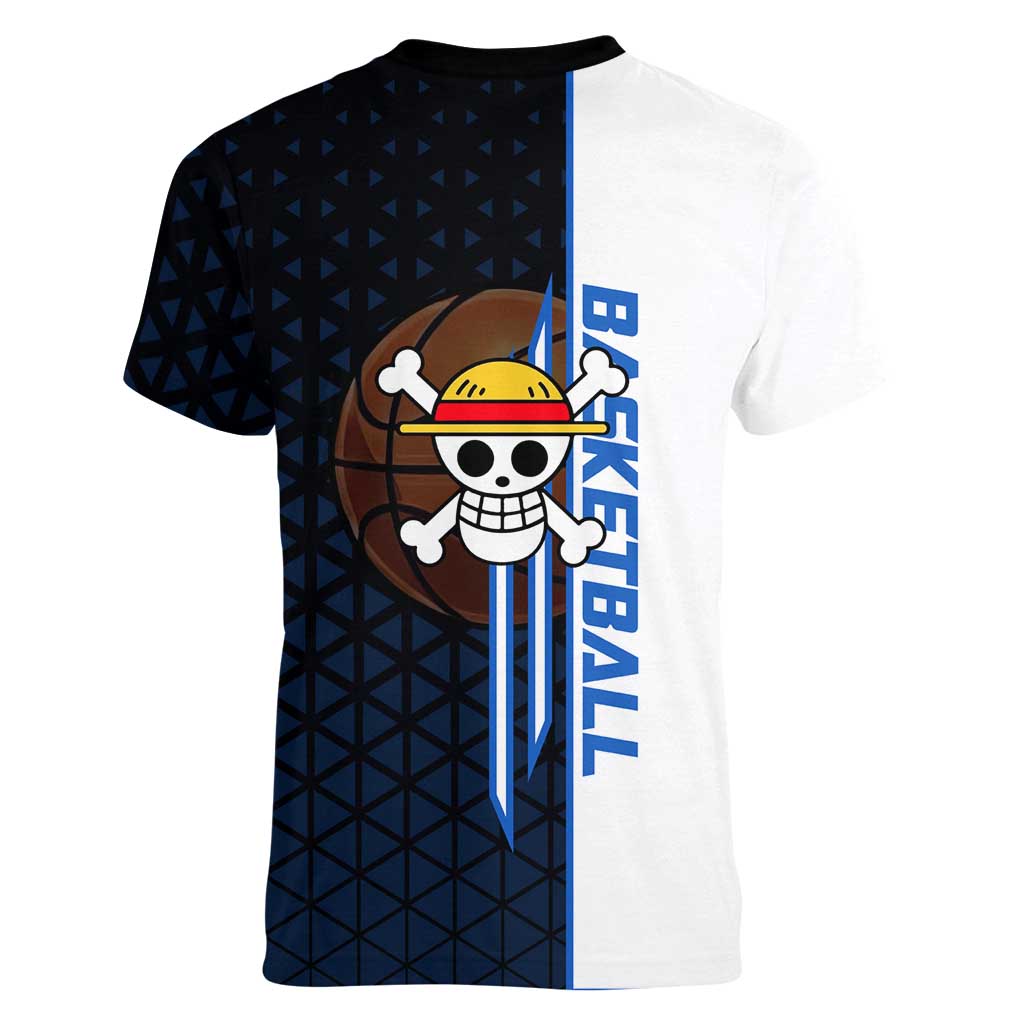 Luffy Gear 5 One Piece Basketball Theme White and Black Design Women V-Neck T-Shirt with Straw Hat Emblem and Dynamic Action Pose - The Mazicc