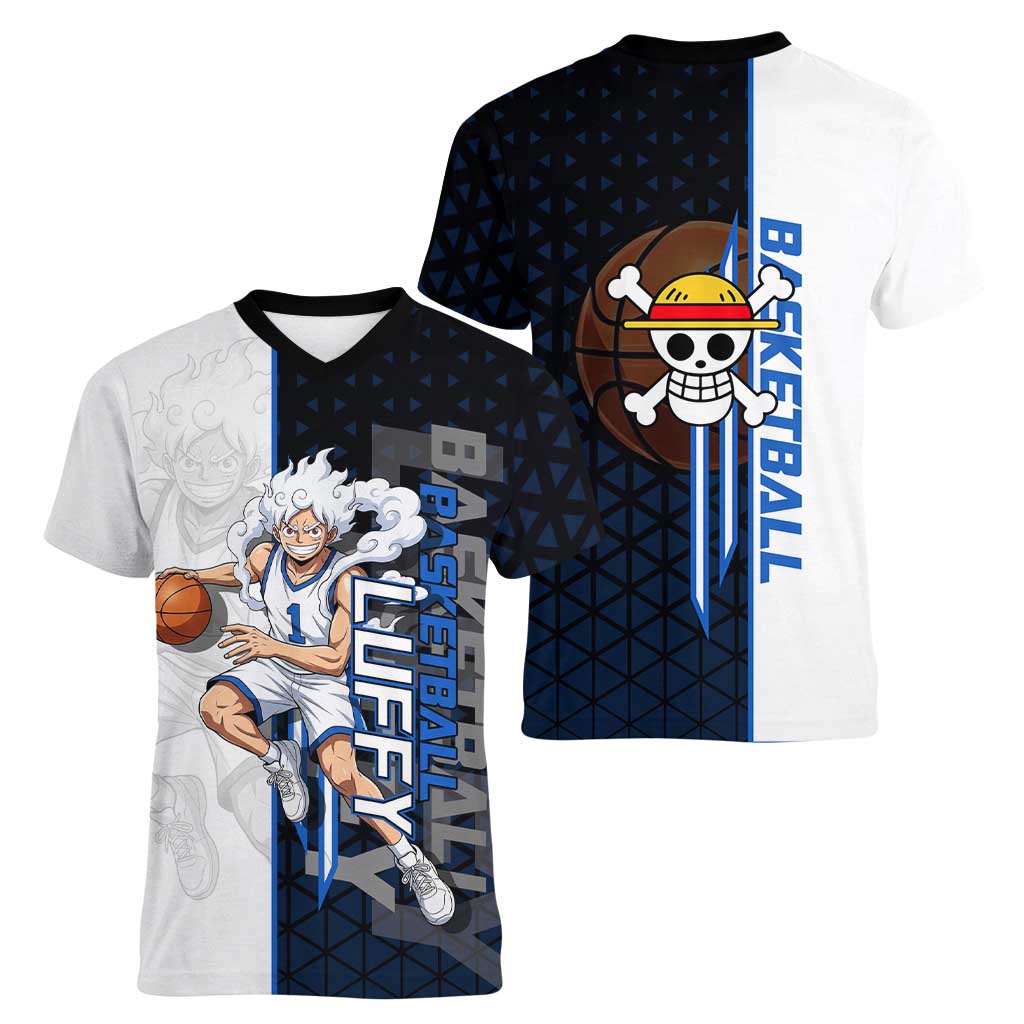 Luffy Gear 5 One Piece Basketball Theme White and Black Design Women V-Neck T-Shirt with Straw Hat Emblem and Dynamic Action Pose - The Mazicc