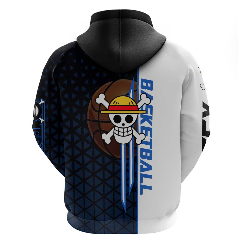 Luffy Gear 5 One Piece Basketball Theme White and Black Design Zip Hoodie with Straw Hat Emblem and Dynamic Action Pose - The Mazicc