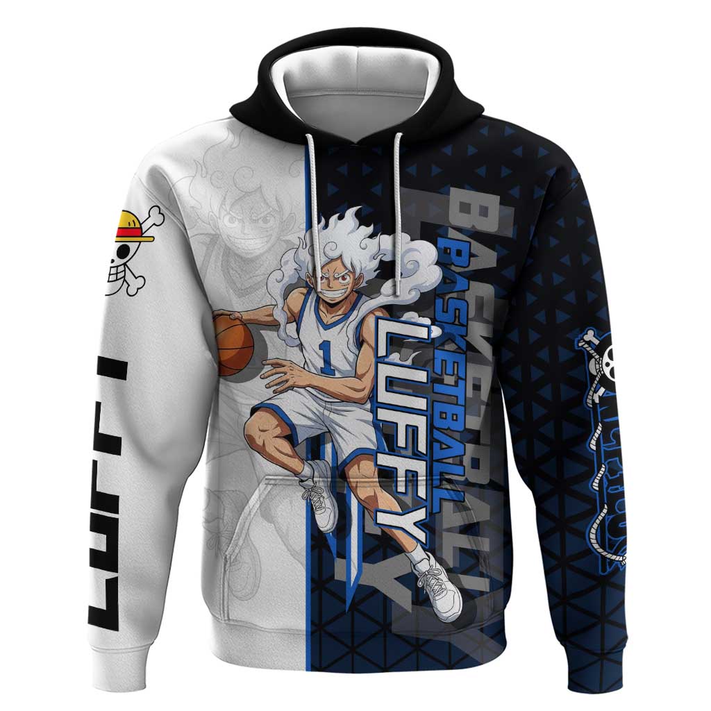 Luffy Gear 5 One Piece Basketball Theme White and Black Design Zip Hoodie with Straw Hat Emblem and Dynamic Action Pose - The Mazicc