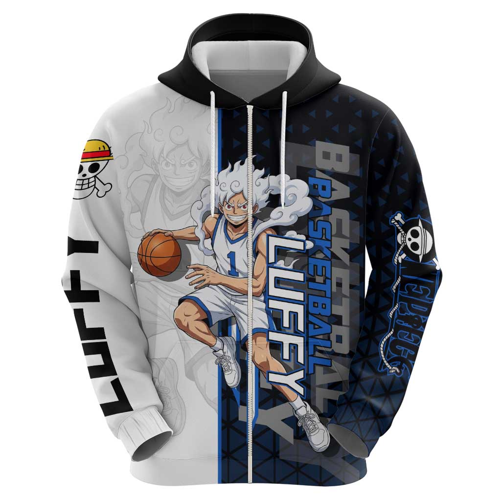 Luffy Gear 5 One Piece Basketball Theme White and Black Design Zip Hoodie with Straw Hat Emblem and Dynamic Action Pose - The Mazicc
