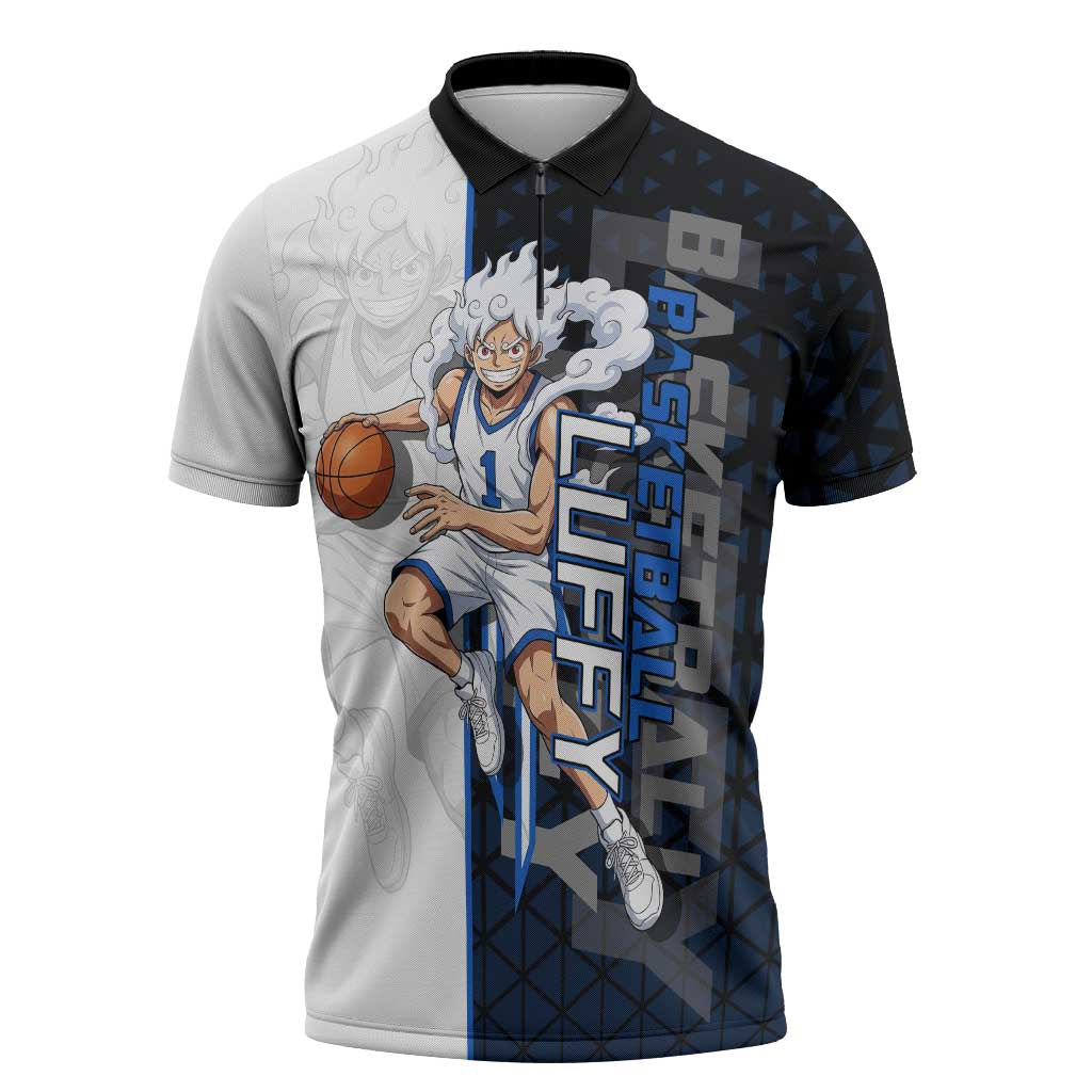 Luffy Gear 5 One Piece Basketball Theme White and Black Design Zipper Polo Shirt with Straw Hat Emblem and Dynamic Action Pose - The Mazicc