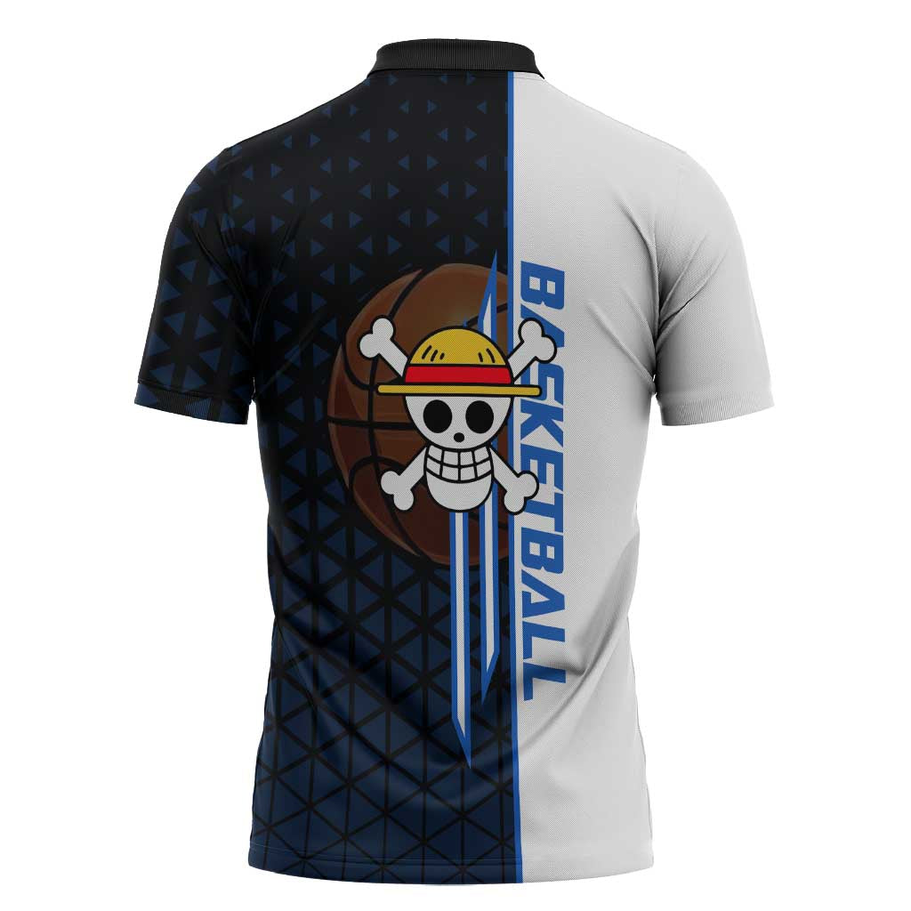 Luffy Gear 5 One Piece Basketball Theme White and Black Design Zipper Polo Shirt with Straw Hat Emblem and Dynamic Action Pose - The Mazicc