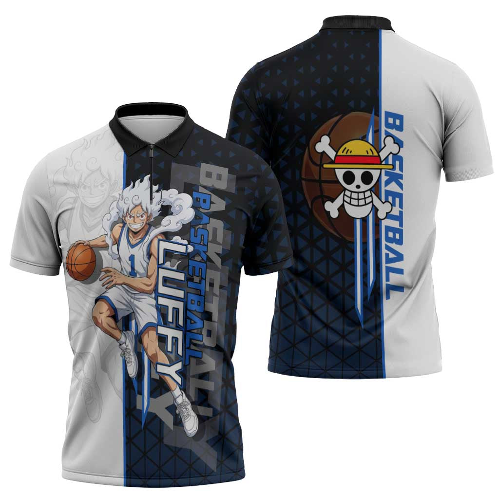 Luffy Gear 5 One Piece Basketball Theme White and Black Design Zipper Polo Shirt with Straw Hat Emblem and Dynamic Action Pose - The Mazicc