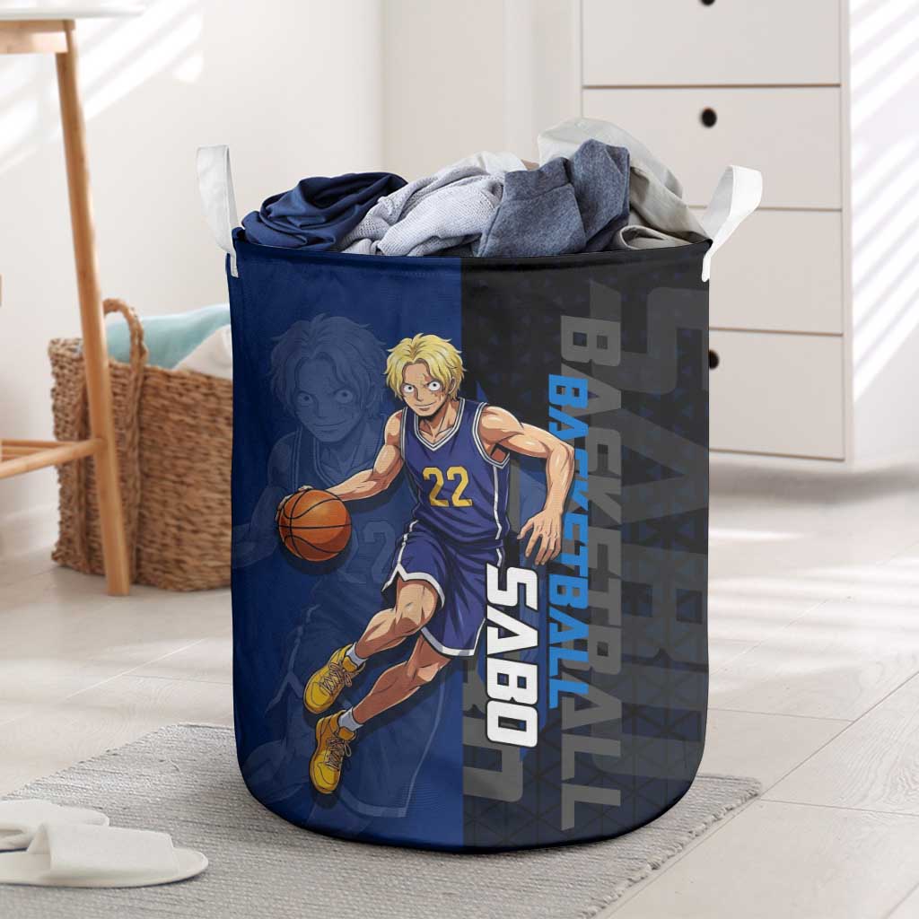 Sabo One Piece Basketball Theme Blue and Black Design Laundry Basket with Top Hat Emblem and Action Dribble Pose - The Mazicc