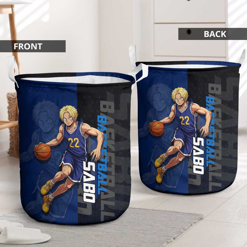 Sabo One Piece Basketball Theme Blue and Black Design Laundry Basket with Top Hat Emblem and Action Dribble Pose - The Mazicc