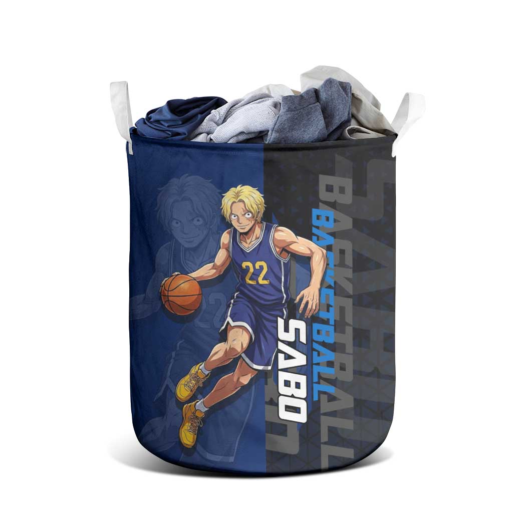 Sabo One Piece Basketball Theme Blue and Black Design Laundry Basket with Top Hat Emblem and Action Dribble Pose - The Mazicc