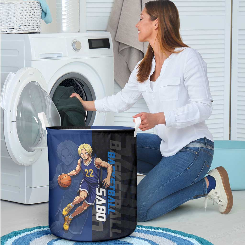 Sabo One Piece Basketball Theme Blue and Black Design Laundry Basket with Top Hat Emblem and Action Dribble Pose - The Mazicc