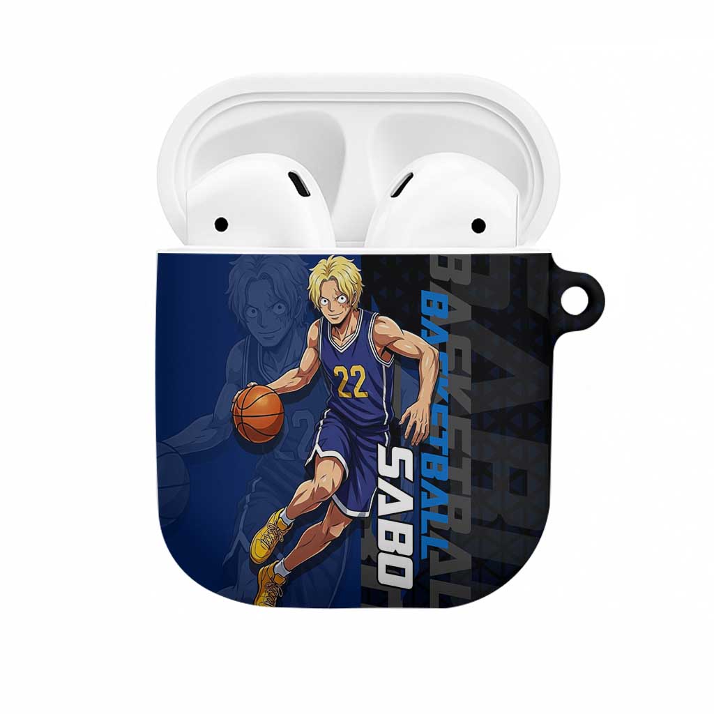 Sabo One Piece Basketball Theme Blue and Black Design AirPods Case with Top Hat Emblem and Action Dribble Pose - The Mazicc