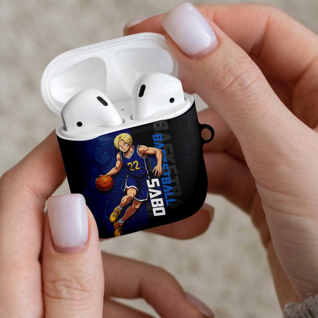 Sabo One Piece Basketball Theme Blue and Black Design AirPods Case with Top Hat Emblem and Action Dribble Pose - The Mazicc