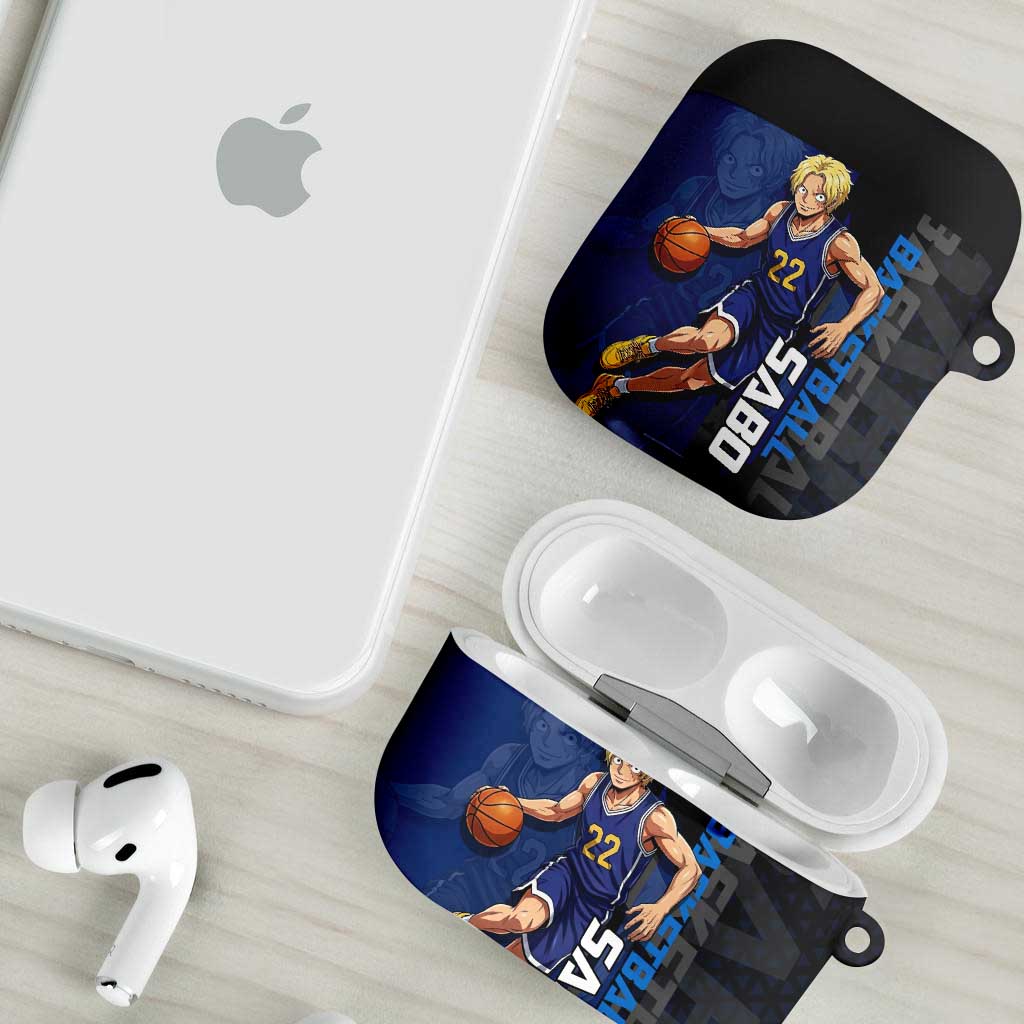 Sabo One Piece Basketball Theme Blue and Black Design AirPods Case with Top Hat Emblem and Action Dribble Pose - The Mazicc
