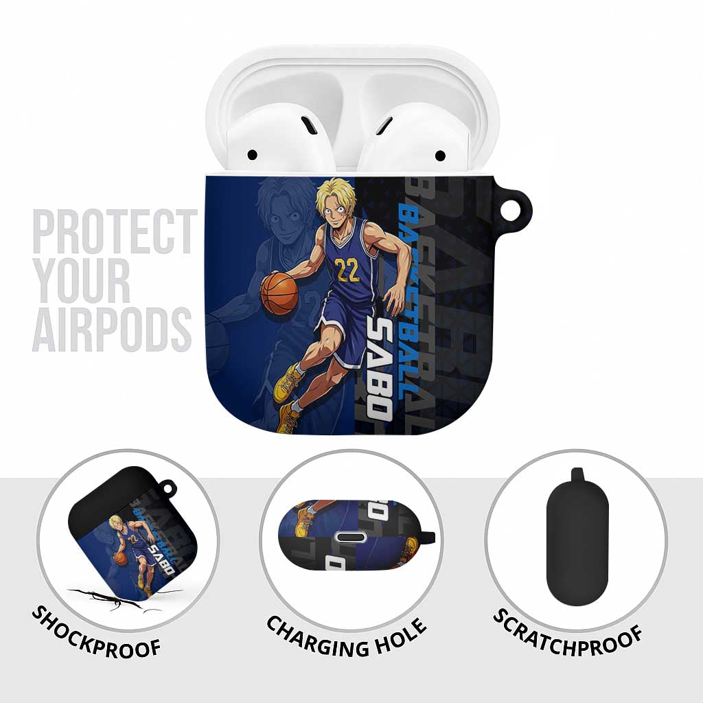 Sabo One Piece Basketball Theme Blue and Black Design AirPods Case with Top Hat Emblem and Action Dribble Pose - The Mazicc