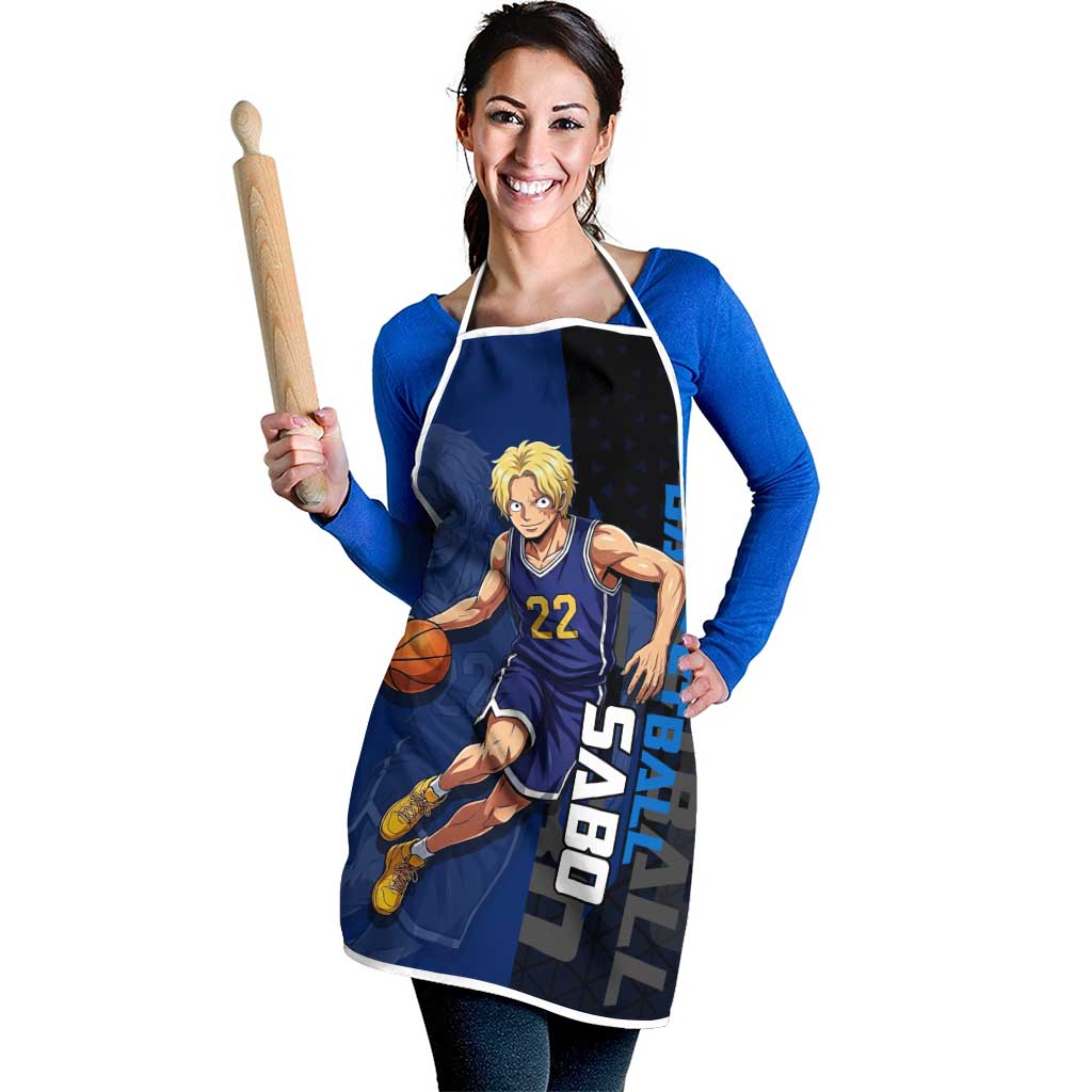 Sabo One Piece Basketball Theme Blue and Black Design Apron with Top Hat Emblem and Action Dribble Pose - The Mazicc