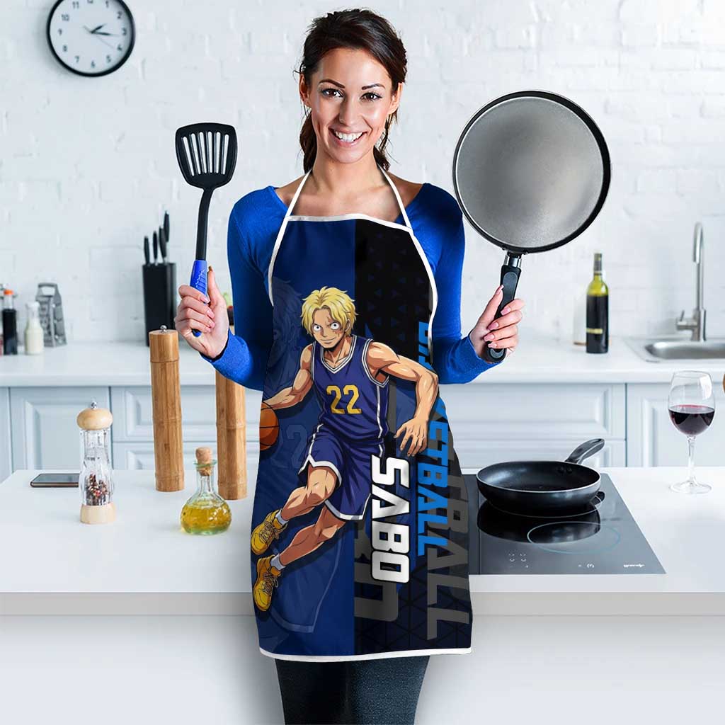 Sabo One Piece Basketball Theme Blue and Black Design Apron with Top Hat Emblem and Action Dribble Pose - The Mazicc