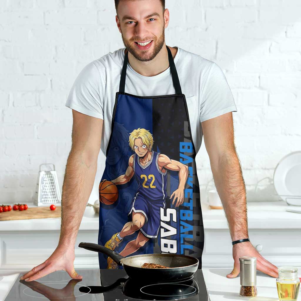 Sabo One Piece Basketball Theme Blue and Black Design Apron with Top Hat Emblem and Action Dribble Pose - The Mazicc