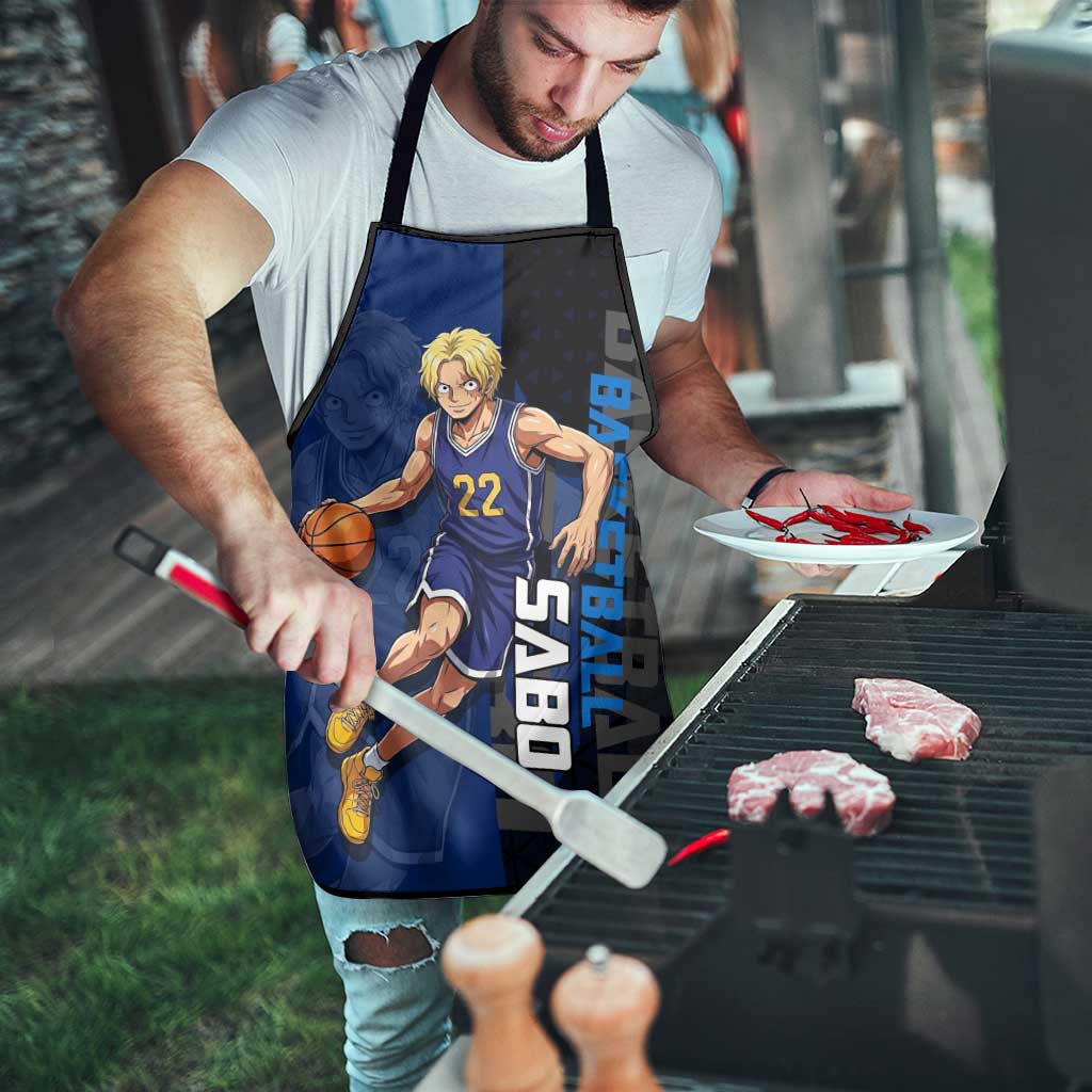 Sabo One Piece Basketball Theme Blue and Black Design Apron with Top Hat Emblem and Action Dribble Pose - The Mazicc