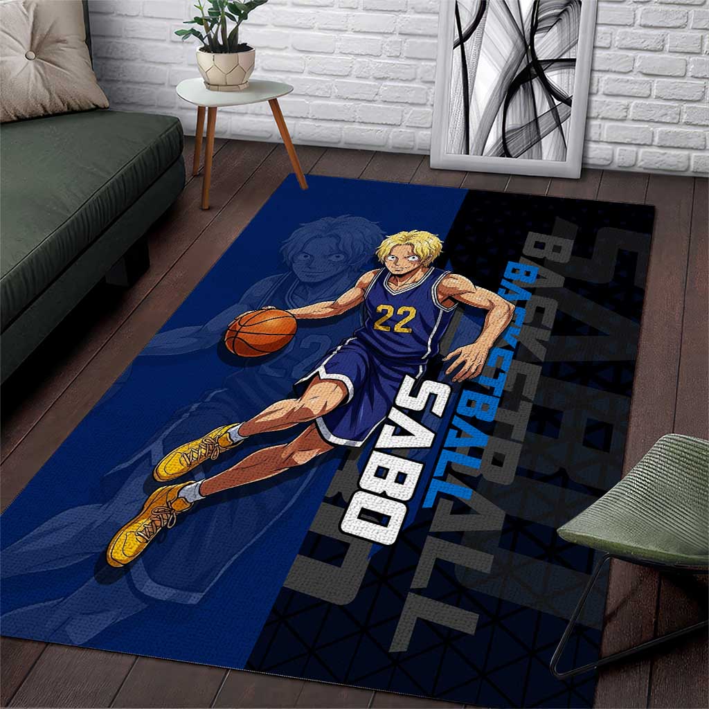 Sabo One Piece Basketball Theme Blue and Black Design Area Rug with Top Hat Emblem and Action Dribble Pose - The Mazicc