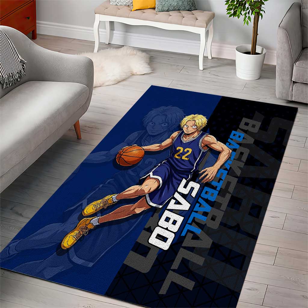 Sabo One Piece Basketball Theme Blue and Black Design Area Rug with Top Hat Emblem and Action Dribble Pose - The Mazicc