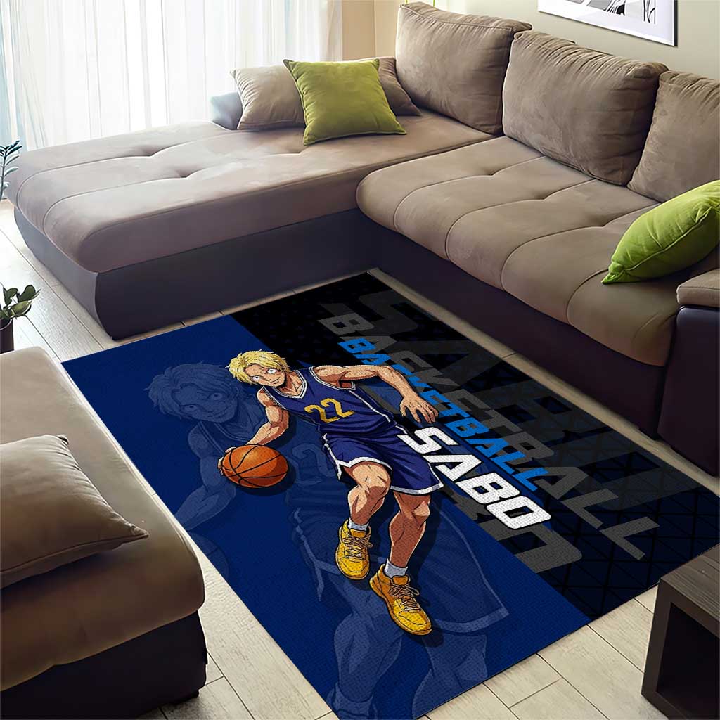 Sabo One Piece Basketball Theme Blue and Black Design Area Rug with Top Hat Emblem and Action Dribble Pose - The Mazicc
