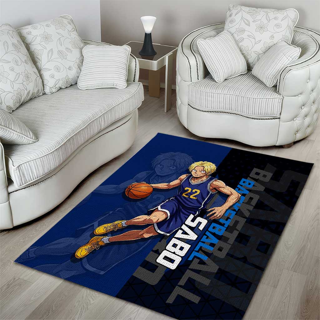 Sabo One Piece Basketball Theme Blue and Black Design Area Rug with Top Hat Emblem and Action Dribble Pose - The Mazicc