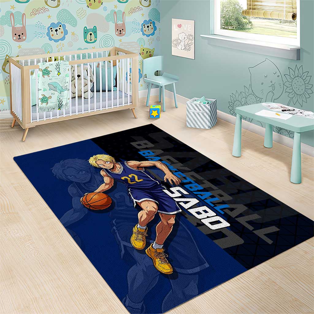 Sabo One Piece Basketball Theme Blue and Black Design Area Rug with Top Hat Emblem and Action Dribble Pose - The Mazicc