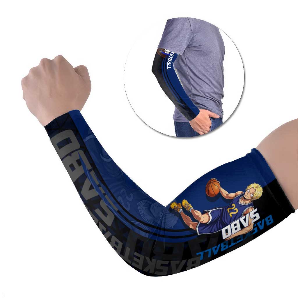 Sabo One Piece Basketball Theme Blue and Black Design Arm Sleeves with Top Hat Emblem and Action Dribble Pose - The Mazicc