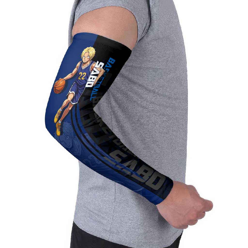 Sabo One Piece Basketball Theme Blue and Black Design Arm Sleeves with Top Hat Emblem and Action Dribble Pose - The Mazicc