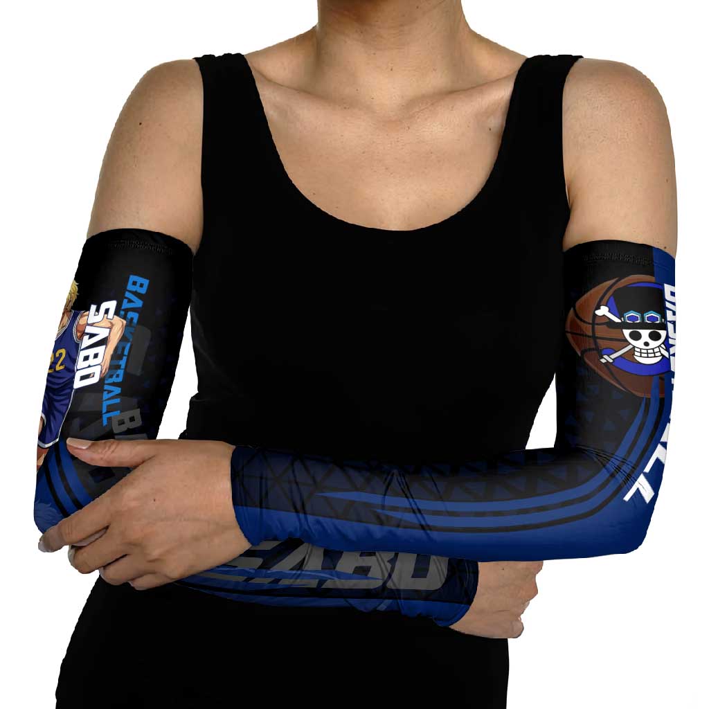 Sabo One Piece Basketball Theme Blue and Black Design Arm Sleeves with Top Hat Emblem and Action Dribble Pose - The Mazicc