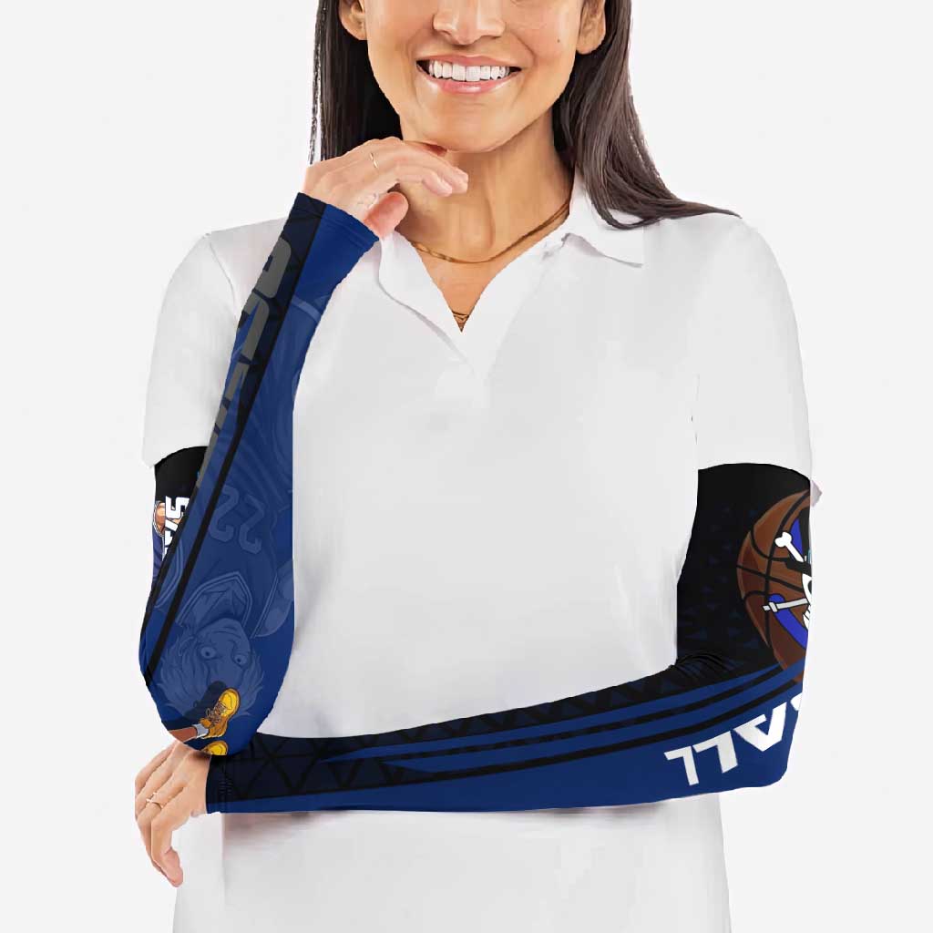 Sabo One Piece Basketball Theme Blue and Black Design Arm Sleeves with Top Hat Emblem and Action Dribble Pose - The Mazicc