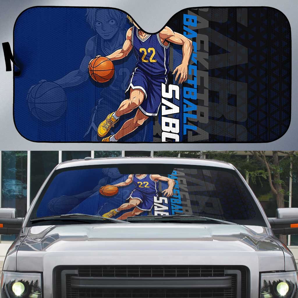 Sabo One Piece Basketball Theme Blue and Black Design Auto Sun Shade with Top Hat Emblem and Action Dribble Pose - The Mazicc
