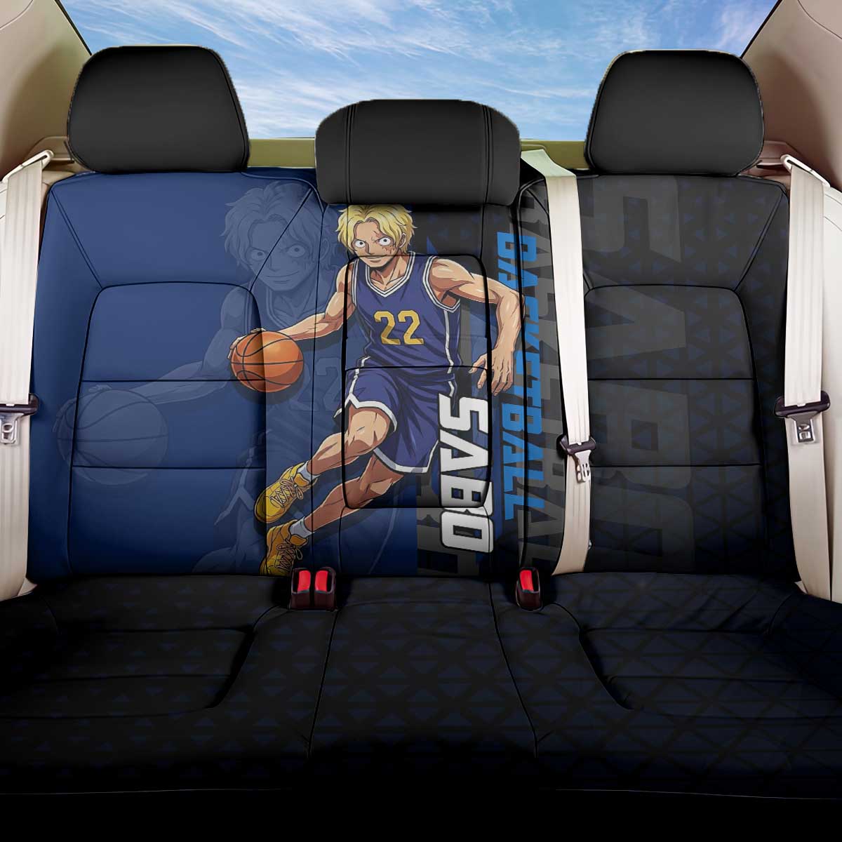 Sabo One Piece Basketball Theme Blue and Black Design Back Car Seat Cover with Top Hat Emblem and Action Dribble Pose - The Mazicc