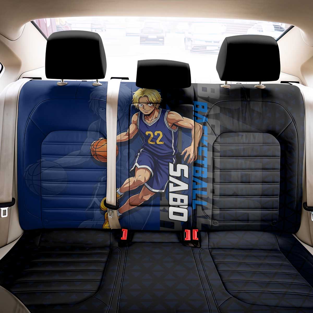Sabo One Piece Basketball Theme Blue and Black Design Back Car Seat Cover with Top Hat Emblem and Action Dribble Pose - The Mazicc