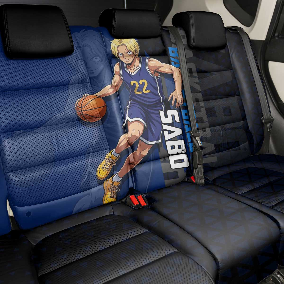 Sabo One Piece Basketball Theme Blue and Black Design Back Car Seat Cover with Top Hat Emblem and Action Dribble Pose - The Mazicc