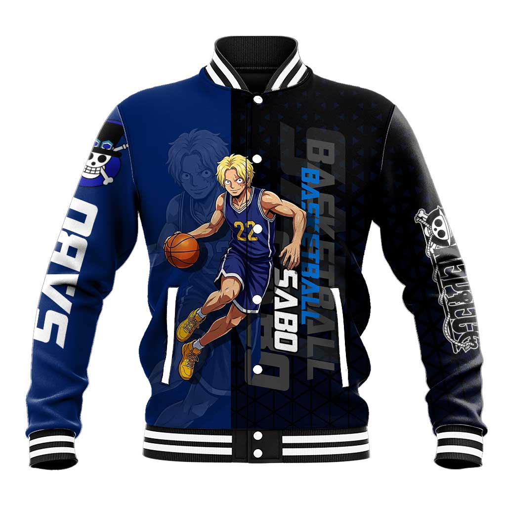 Sabo One Piece Basketball Theme Blue and Black Design Baseball Jacket with Top Hat Emblem and Action Dribble Pose - The Mazicc