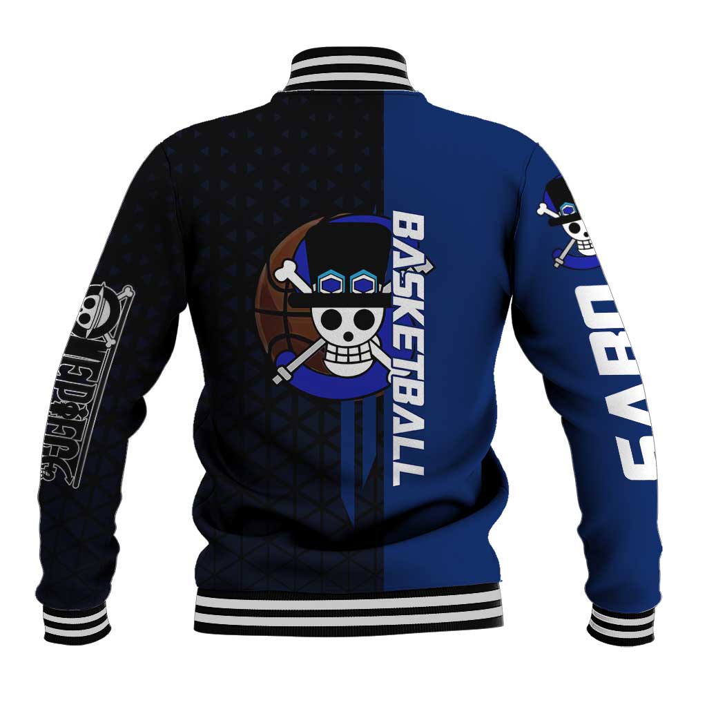 Sabo One Piece Basketball Theme Blue and Black Design Baseball Jacket with Top Hat Emblem and Action Dribble Pose - The Mazicc