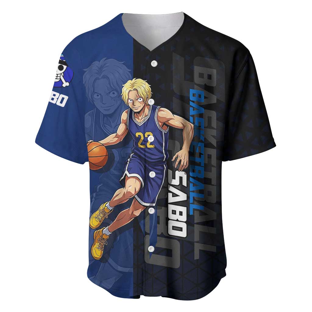 Sabo One Piece Basketball Theme Blue and Black Design Baseball Jersey with Top Hat Emblem and Action Dribble Pose - The Mazicc