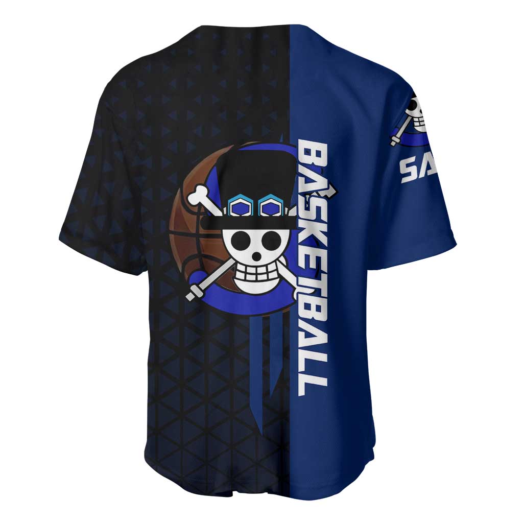Sabo One Piece Basketball Theme Blue and Black Design Baseball Jersey with Top Hat Emblem and Action Dribble Pose - The Mazicc