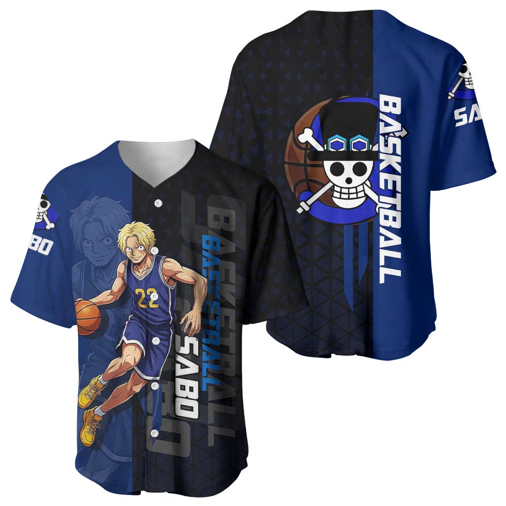 Sabo One Piece Basketball Theme Blue and Black Design Baseball Jersey with Top Hat Emblem and Action Dribble Pose - The Mazicc