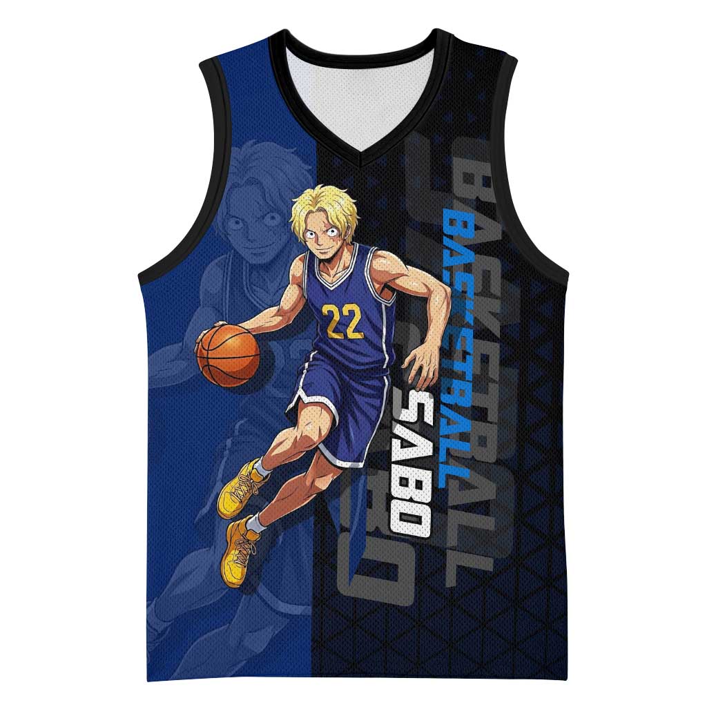 Sabo One Piece Basketball Theme Blue and Black Design Basketball Jersey with Top Hat Emblem and Action Dribble Pose - The Mazicc