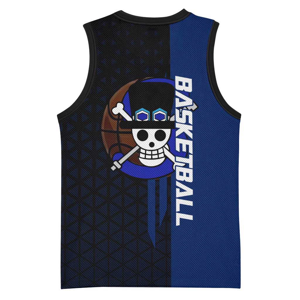 Sabo One Piece Basketball Theme Blue and Black Design Basketball Jersey with Top Hat Emblem and Action Dribble Pose - The Mazicc