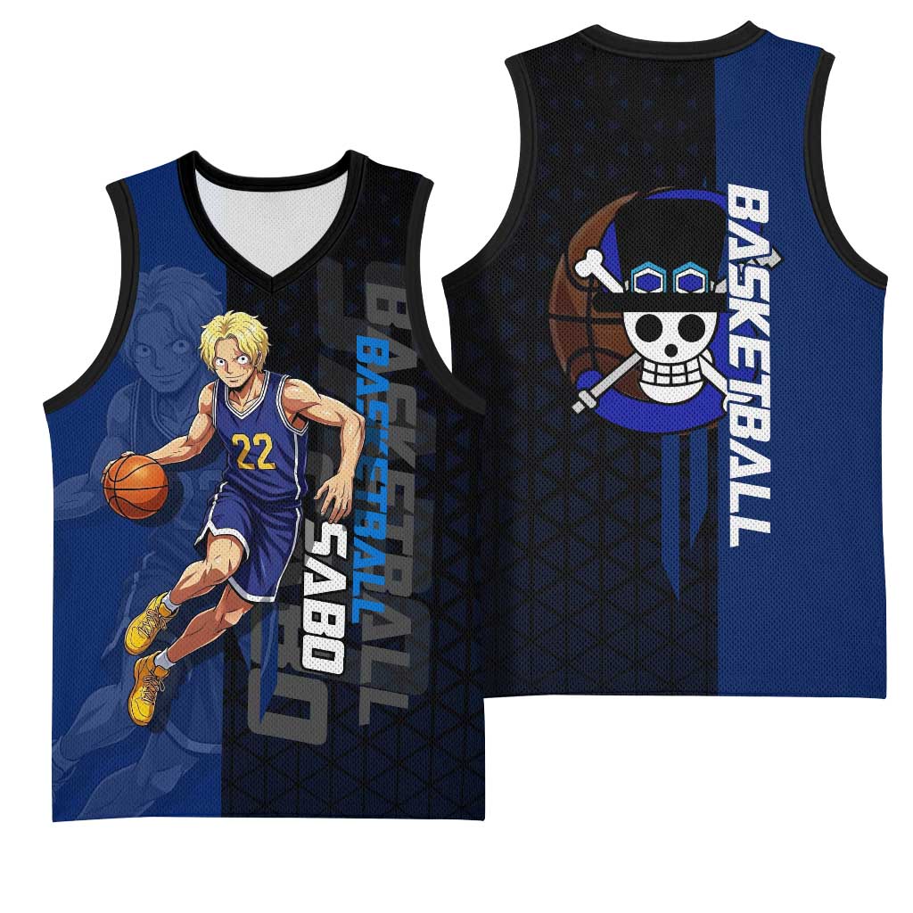 Sabo One Piece Basketball Theme Blue and Black Design Basketball Jersey with Top Hat Emblem and Action Dribble Pose - The Mazicc