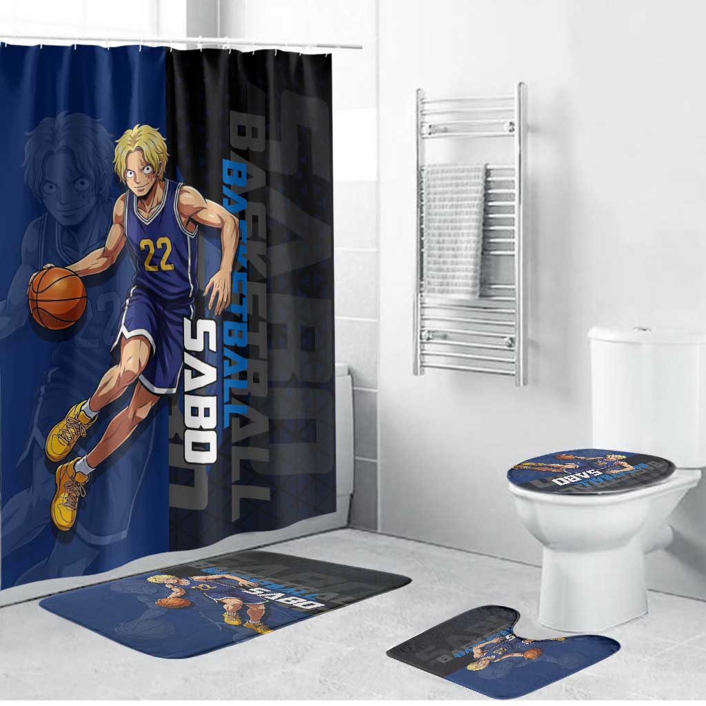 Sabo One Piece Basketball Theme Blue and Black Design Bathroom Set with Top Hat Emblem and Action Dribble Pose - The Mazicc
