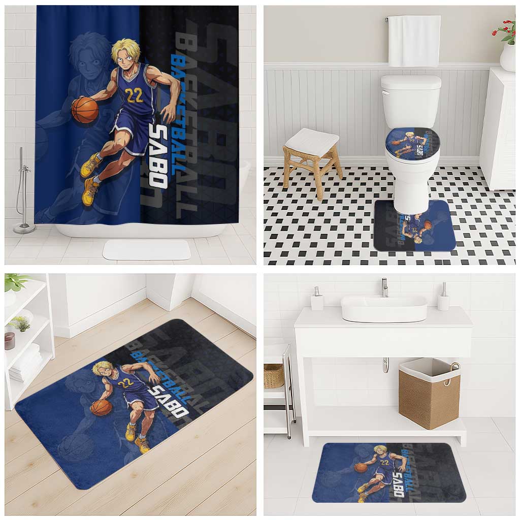 Sabo One Piece Basketball Theme Blue and Black Design Bathroom Set with Top Hat Emblem and Action Dribble Pose - The Mazicc