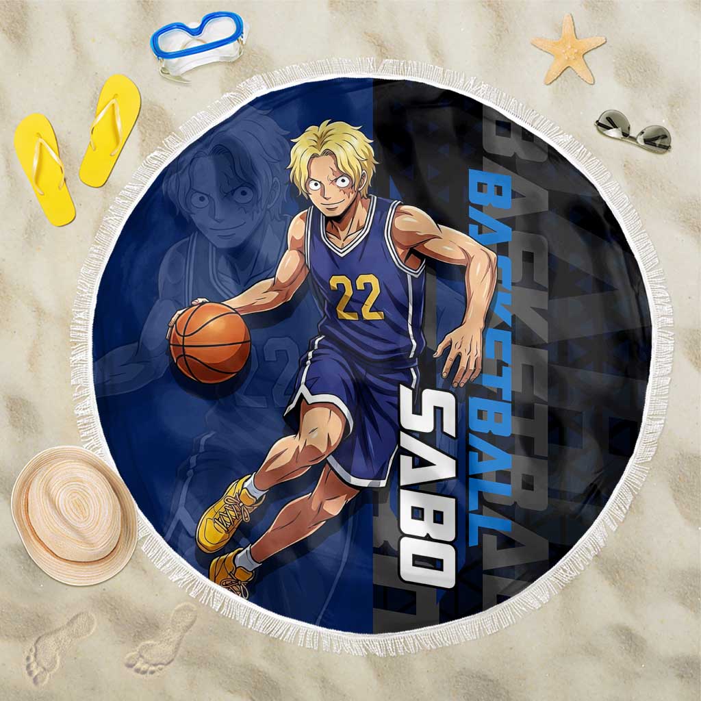 Sabo One Piece Basketball Theme Blue and Black Design Beach Blanket with Top Hat Emblem and Action Dribble Pose - The Mazicc