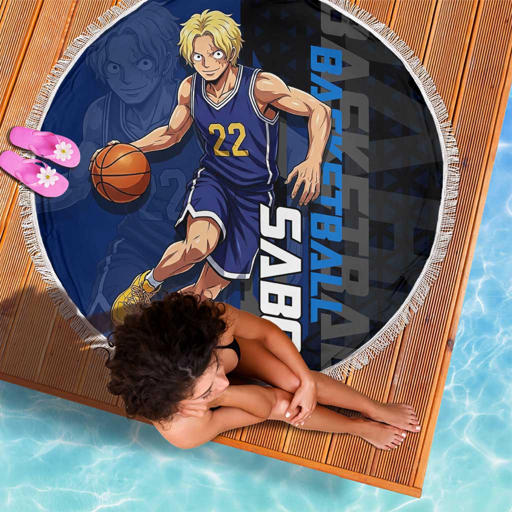 Sabo One Piece Basketball Theme Blue and Black Design Beach Blanket with Top Hat Emblem and Action Dribble Pose - The Mazicc