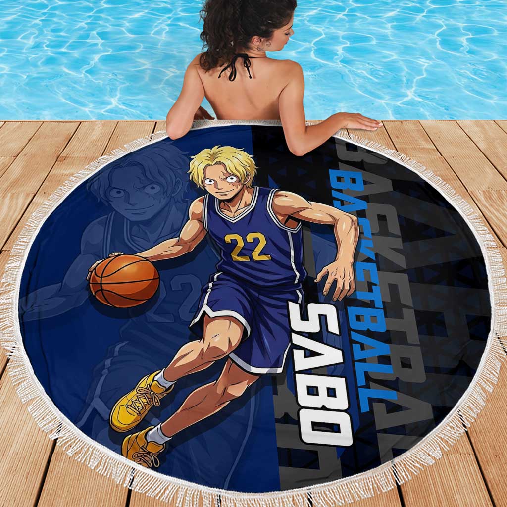 Sabo One Piece Basketball Theme Blue and Black Design Beach Blanket with Top Hat Emblem and Action Dribble Pose - The Mazicc
