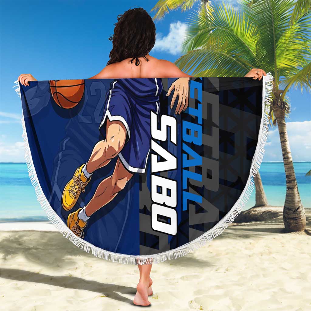 Sabo One Piece Basketball Theme Blue and Black Design Beach Blanket with Top Hat Emblem and Action Dribble Pose - The Mazicc